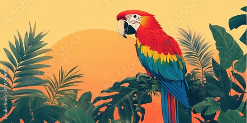 Vibrant macaw parrot perched among tropical foliage with sunset background photo