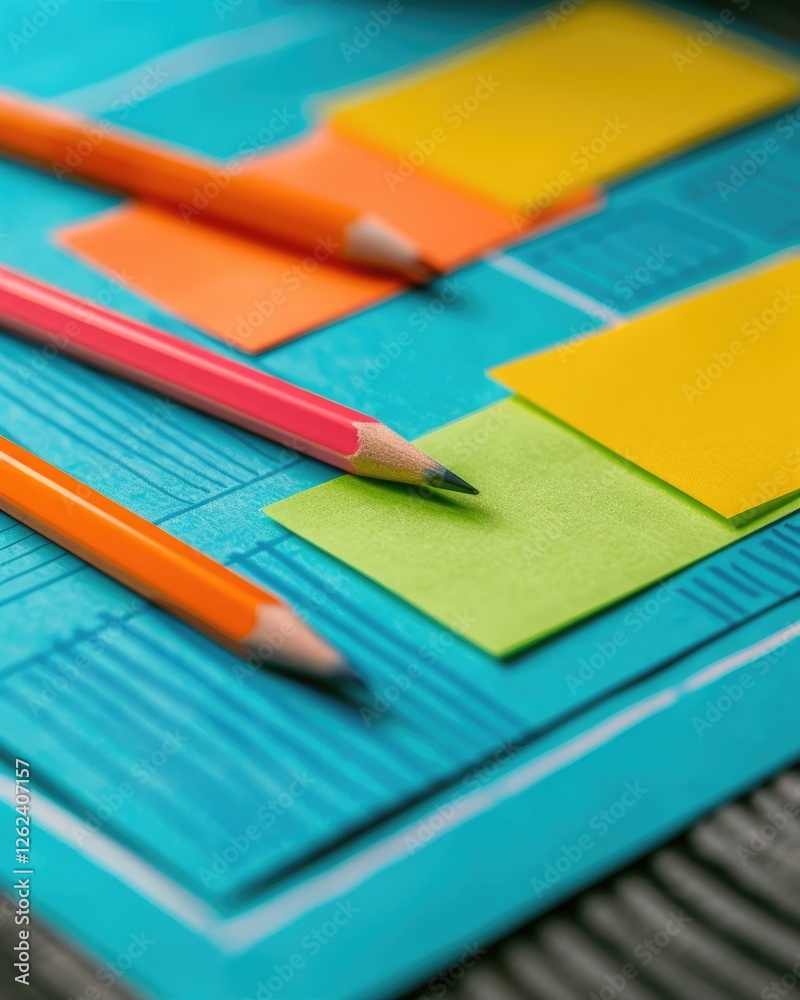 Colorful sticky notes and pencils arranged on a blue background, ideal for brainstorming and creative work. Colorful sticky notes and pencils arranged on a blue background, ideal for brainstorming and creative work.