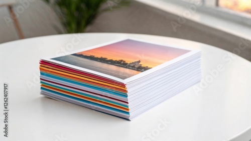 Stack of professionally printed flyers on minimalist white table, showcasing vibrant colors, soft ambient lighting