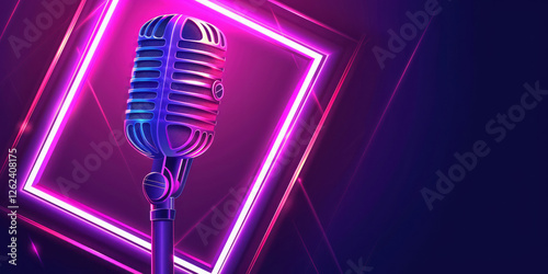 A neon frame with a microphone on a backdrop.