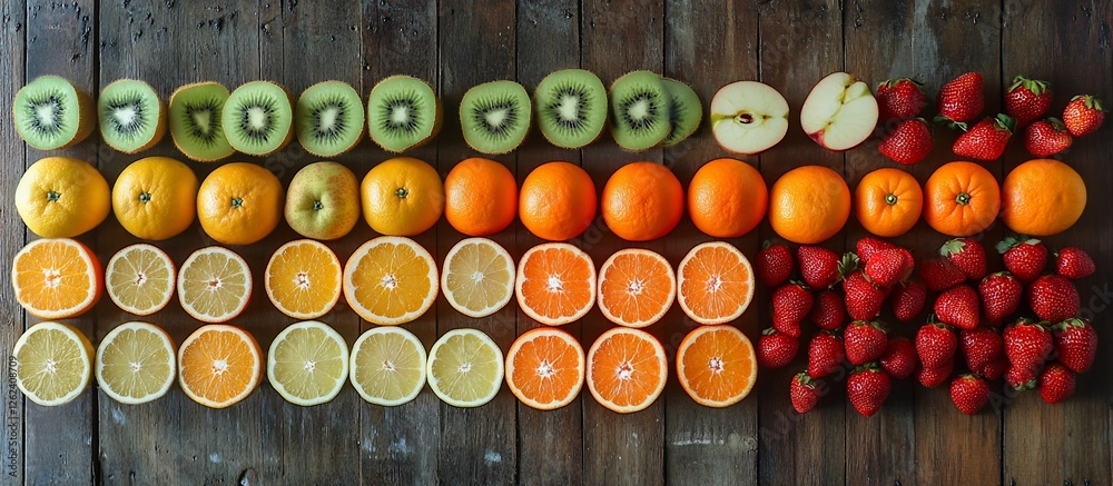 Vibrant arrangement of sliced fruits on rustic wooden table showcasing freshness and variety Vibrant arrangement of sliced fruits on rustic wooden table showcasing freshness and variety