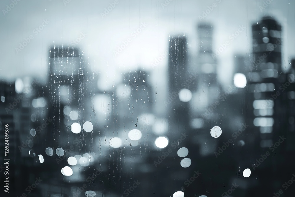 Naklejka premium Rainy Cityscape: Night Lights Blurred Through Wet Window, Abstract Urban View