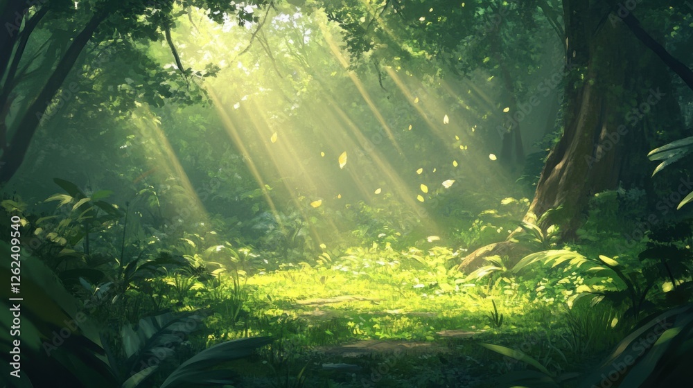 Obraz premium lush green forest with sunlight streaming through leaves