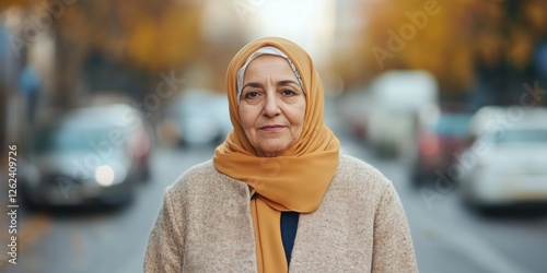 Portrait of a middle-aged woman in a hijab on a city street during autumn