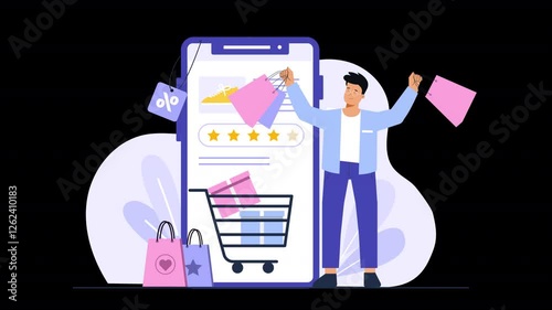 Vector character animation illustrating the journey of online shopping, featuring characters searching for items, comparing prices, and making purchases on e-commerce platforms.