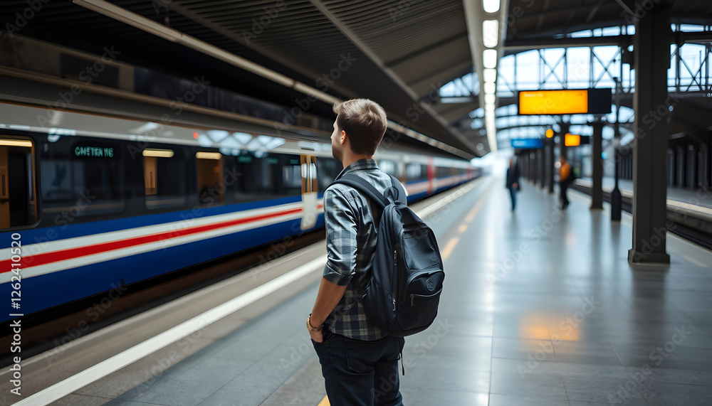 Obraz premium A man is waiting for a train on the platform. A young guy, a passenger with a backpack is standing on the platform waiting for the train. with white shades
