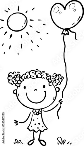 Hand drawn little girl standing outdoors with balloon. Happy cartoon kid outl...