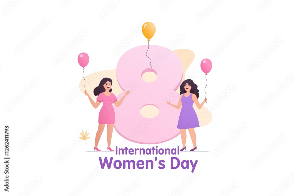 Three women celebrating white bg pink purple accents large number 8 balloons