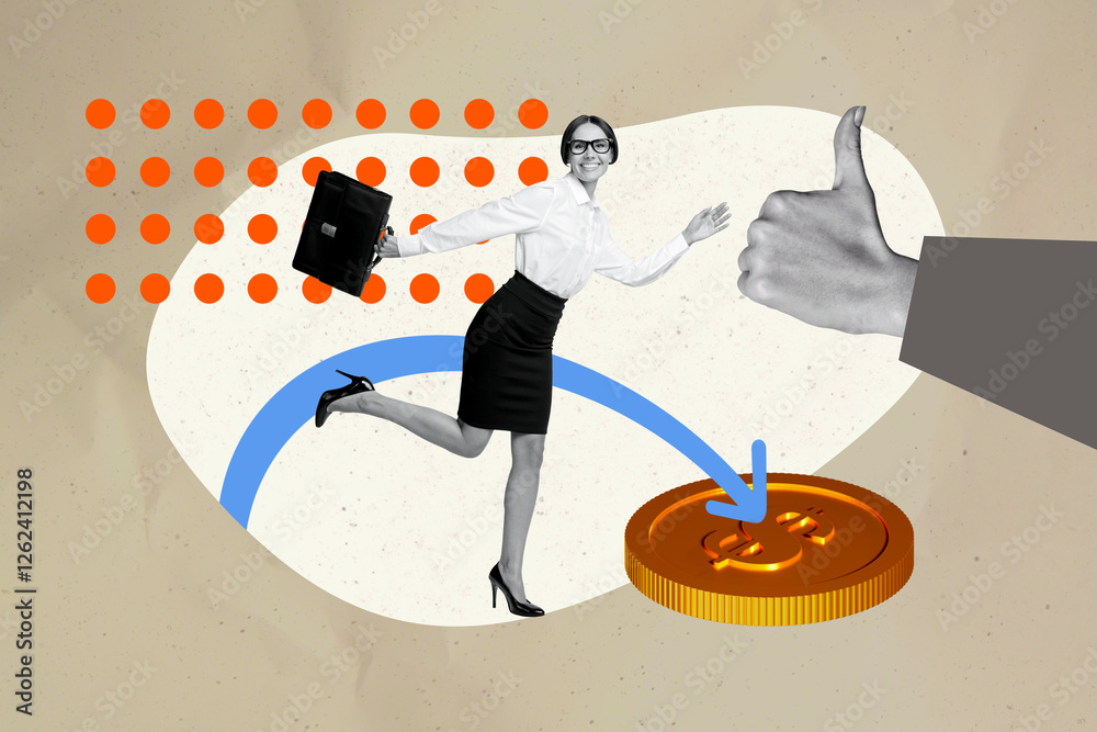 © deagreez - Composite image design trend artwork collage of young lady run smile thumb like vacancy office manager trade savings income currency coins