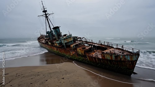The wreck of a warship ran aground on the beach.