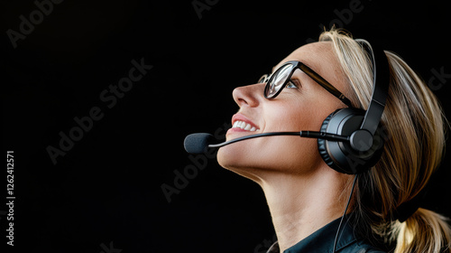 Focused Businesswoman in a Conference Meeting Discussion. Woman in headset looking up with a smile.