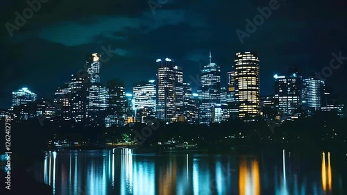Wallpaper Mural Beautiful city skyline at night reflecting on calm water. Seamless looping time lapse animation video background.  
 Torontodigital.ca