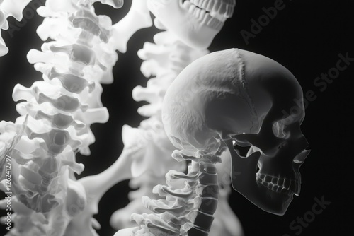 Human skull and spine anatomy display, isolated against dark background photo