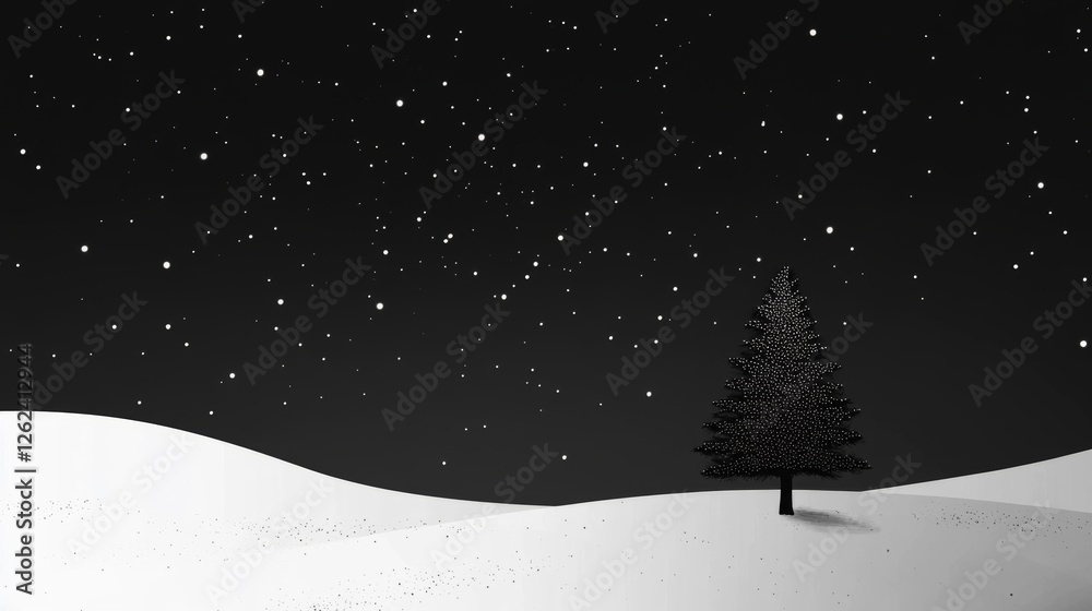 Naklejka premium Snowy landscape with a single pine tree on a winter night illuminated by falling snowflakes