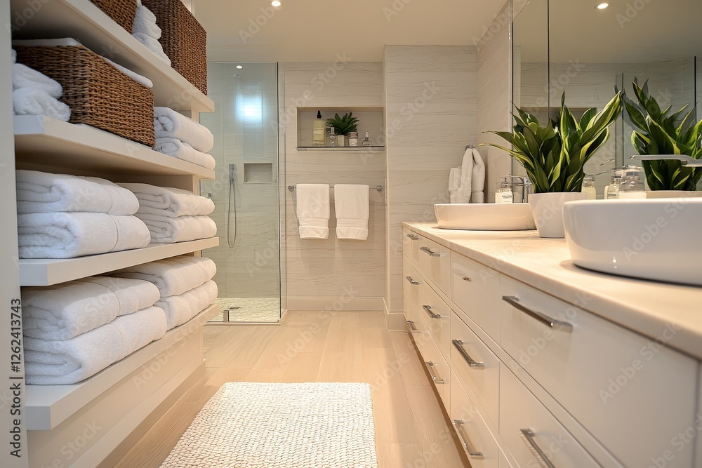 Fototapeta premium Elegant modern bathroom with neatly arranged towels and plants offering a serene atmosphere for relaxation and comfort