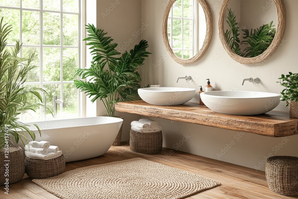 Fototapeta premium Modern bathroom design featuring natural elements and bright sunlight in a tranquil setting