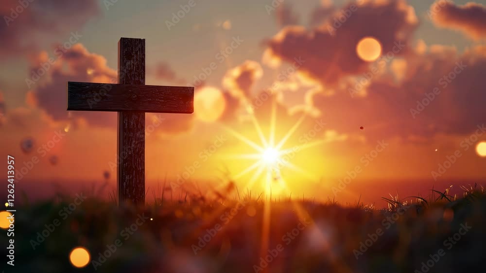 Serene Sunset Over Cross Silhouette in Grassy Field with Sparkles Creating a Reflective and Spiritual Atmosphere Serene Sunset Over Cross Silhouette in Grassy Field with Sparkles Creating a Reflective and Spiritual Atmosphere