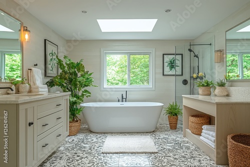 Elegant modern bathroom with natural light and green plants enhancing relaxation atmosphere