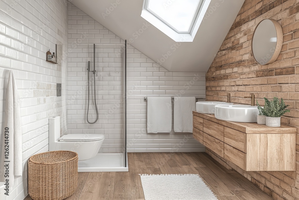Fototapeta premium Bright and modern bathroom design with natural wood accents and spacious layout