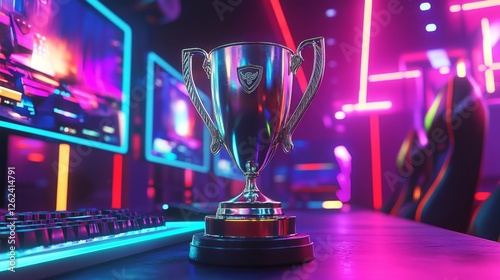 Exciting esports tournament trophy displayed in neon-lit gaming environment with computer setup