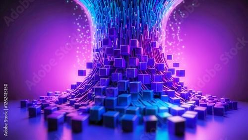 Abstract blurry cyber background with blue and purple neon cubes crumbling and waving. Concept of digital data streaming.
