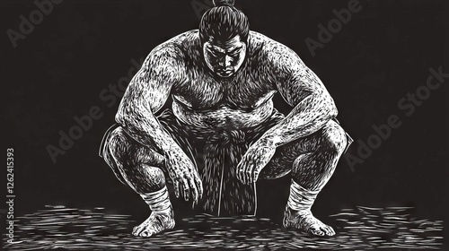 Strong sumo wrestler preparing for a match while squatting in traditional attire with focused expression photo