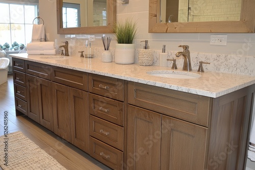 Elegant bathroom design featuring wooden vanity with double sinks and modern fixtures in a bright, spacious setting