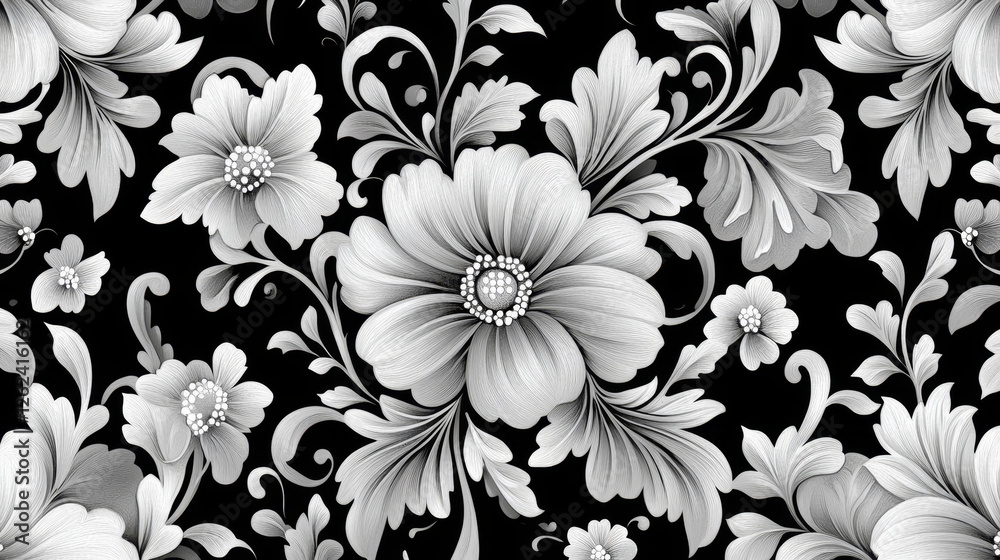 Black and white seamless floral pattern in retro damask style Black and white seamless floral pattern in retro damask style