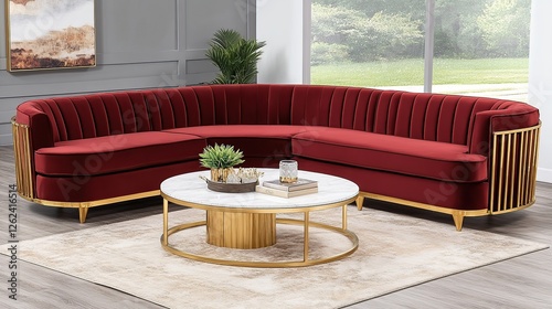 Red velvet sectional sofa, gold legs, modern living room photo