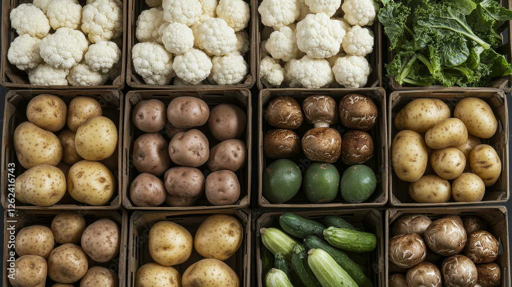 Food market store. Shop with potato and asparagus, romanesco and kohlrabi, champignon mushroom, zucchini and squash, scotch kale and daikon, cabbage. For agriculture and stall, counter sale theme. Food market store. Shop with potato and asparagus, romanesco and kohlrabi, champignon mushroom, zucchini and squash, scotch kale and daikon, cabbage. For agriculture and stall, counter sale theme.