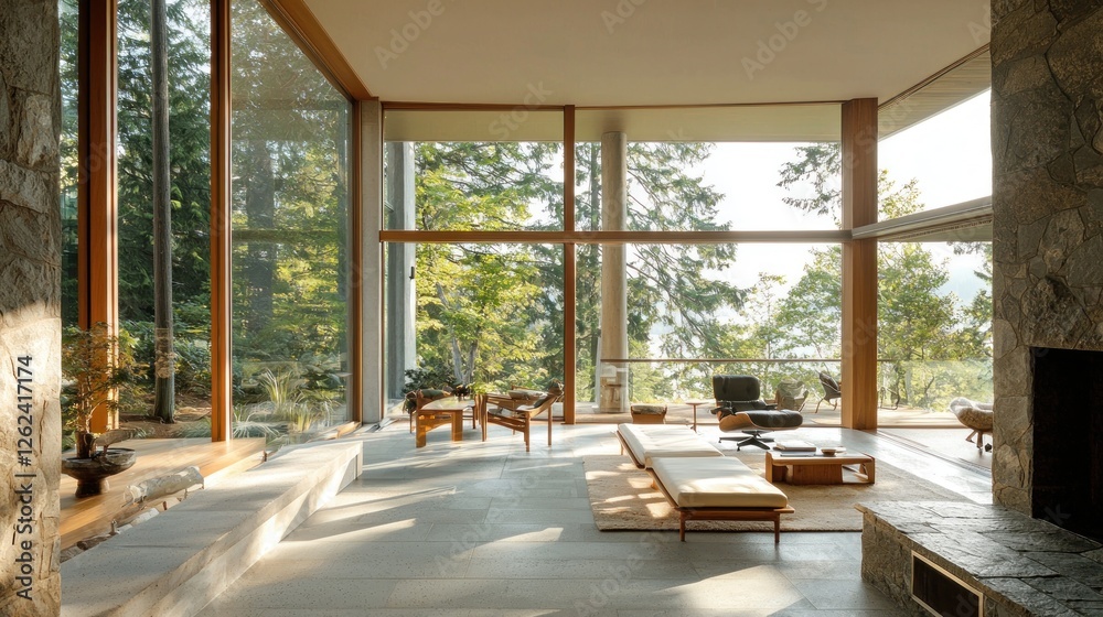 Fototapeta premium Modern Glass House with Panoramic Forest Views