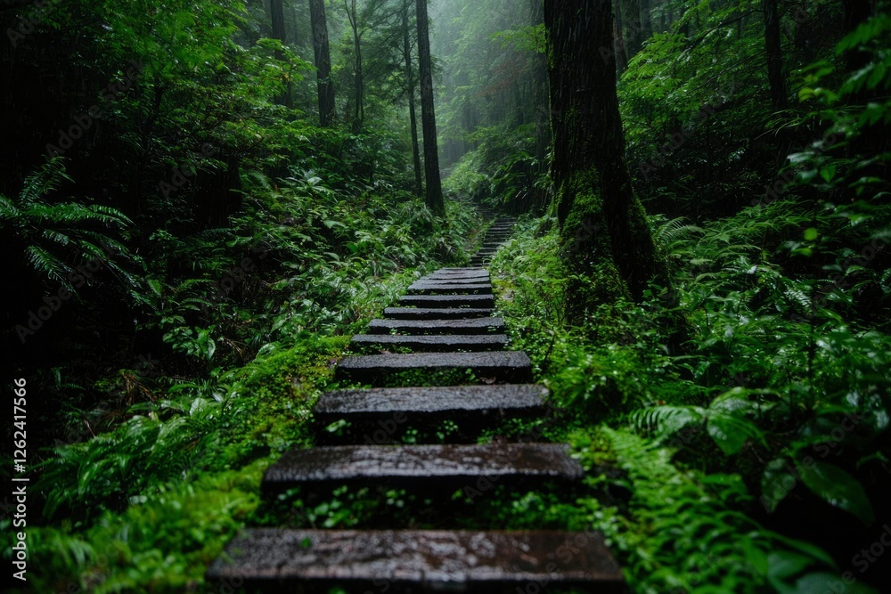 Forest path with stairs ascends through lush, dense woodland in misty environment Forest path with stairs ascends through lush, dense woodland in misty environment