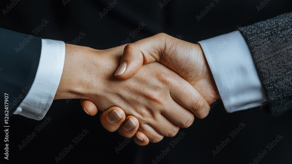 Obraz premium Focused Businesswoman in a Conference Meeting Discussion. Handshake between two business professionals in formal attire.