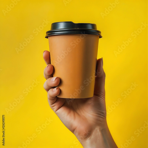 A Hand Holding Brown Paper Coffee Cup Against Yellow Background