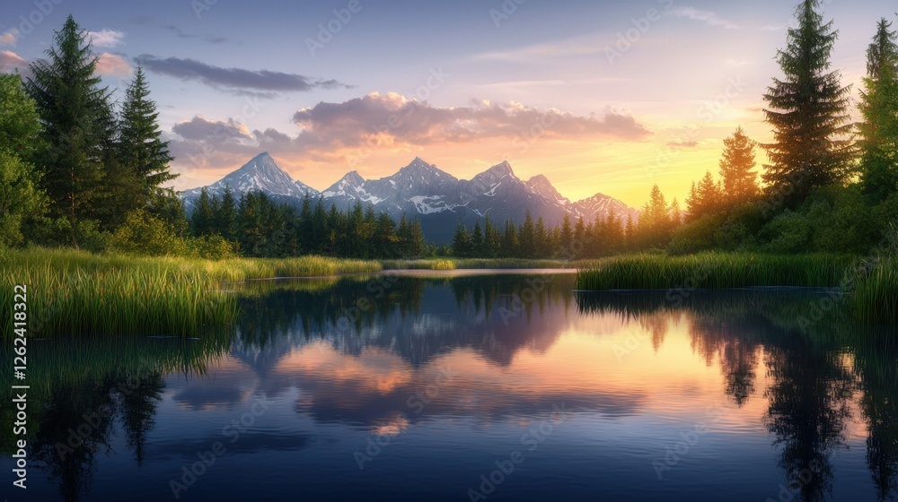 Obraz premium Serene mountain landscape reflecting in a tranquil lake at sunset