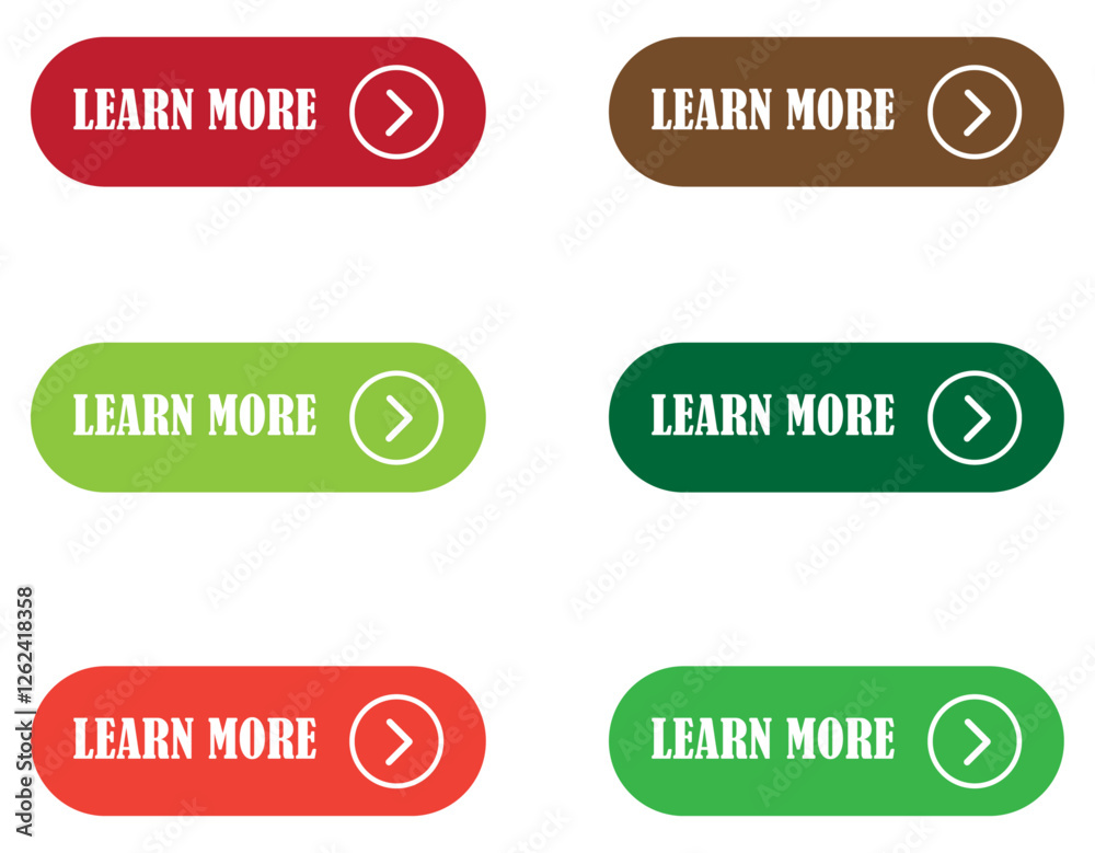 Learn More buttons collection. Learn more buttons set with different colors modern web ui call to action design with arrow symbol for website and applications. Learn more button design for websites. Learn More buttons collection. Learn more buttons set with different colors modern web ui call to action design with arrow symbol for website and applications. Learn more button design for websites.