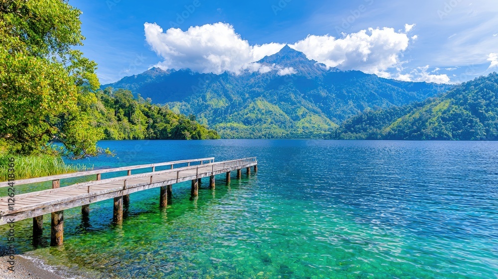 Mountain lake pier, clear water, sunny day, tranquil scene, travel postcard Mountain lake pier, clear water, sunny day, tranquil scene, travel postcard