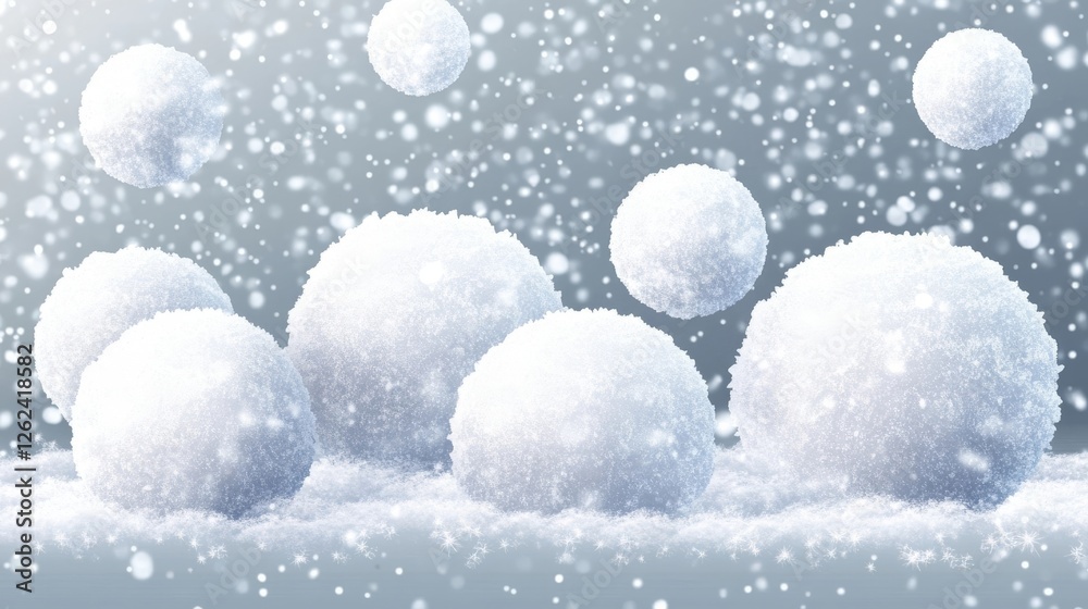 Snowballs gather on a winter landscape with gentle snowfall creating a serene atmosphere Snowballs gather on a winter landscape with gentle snowfall creating a serene atmosphere