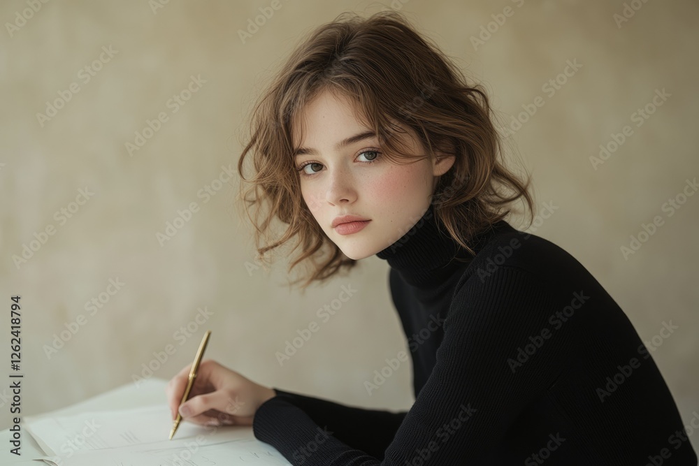 A young woman with wavy brown hair, wearing a black turtleneck, sits at a table and writes with a gold pen. A young woman with wavy brown hair, wearing a black turtleneck, sits at a table and writes with a gold pen.