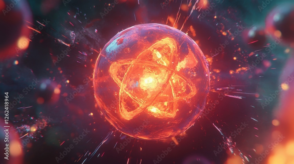 A glowing neutron depicted in a subatomic world, with energy particles radiating from it A glowing neutron depicted in a subatomic world, with energy particles radiating from it