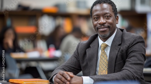 African american male supportive mentor seated at classroom portrait image. Mature black man academic teacher in suit picture photorealistic. Knowledgeforall concept photo realistic