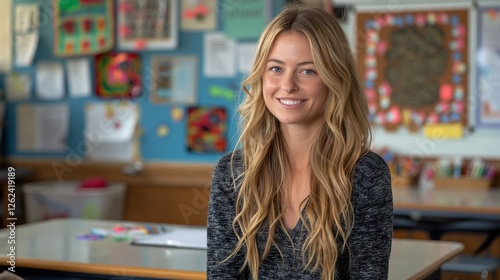 Positive blonde female teacher in creative classroom portrait image. Primary school, education role model picture photorealistic photography. Knowledgeforall concept photo realistic