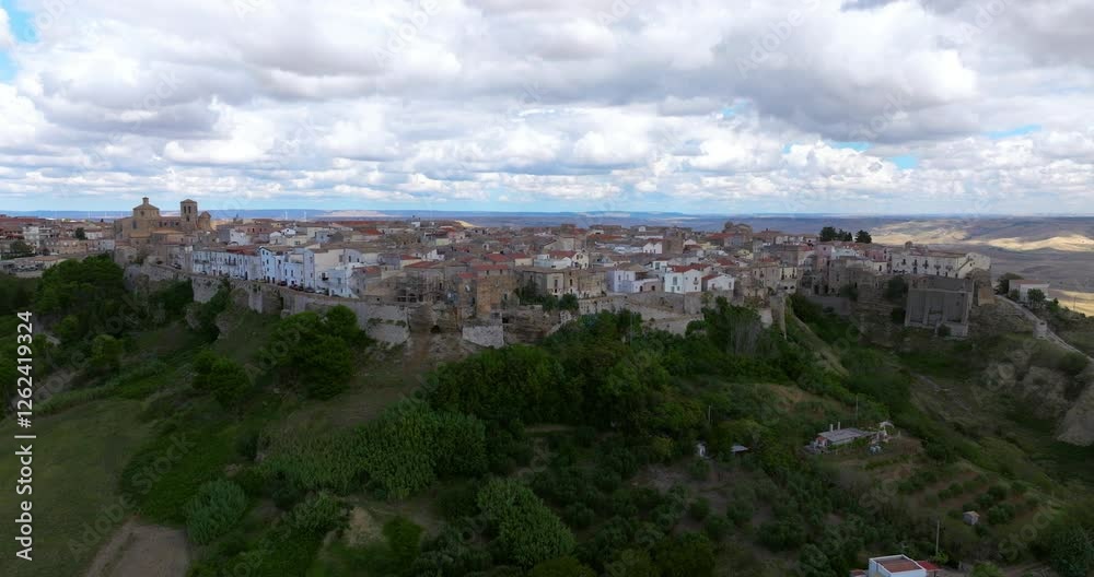Panoramic View Of The Italian Village Of Irsina In The Province of Matera, Southern Italy. Aerial Wide Shot Panoramic View Of The Italian Village Of Irsina In The Province of Matera, Southern Italy. Aerial Wide Shot