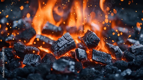 Glowing embers and flames in a charcoal fire pit