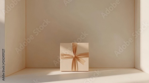 Gift box wrapped with ribbon displayed on minimalist shelf in bright light