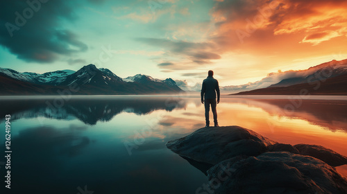 Dramatische Landschaftsaufnahme mit Silhouette am See. Türkis-orange Lichtstimmung, Berge und perfekte Spiegelung im Wasser photo