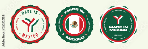 Set of made in Mexico labels. Mexico stamp for product. High quality Mexican products. Best for stamp, sign, sticker, badge, symbol, emblem, logo print with Mexican flag. Vector illustration.