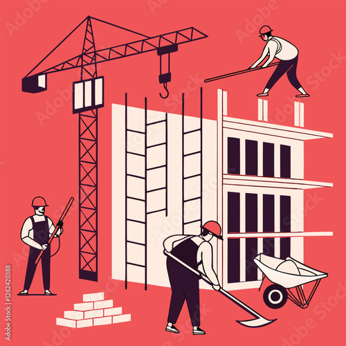 Hard Hats and Hammers. Labor Day Construction Scene Vector site work team tools design effort