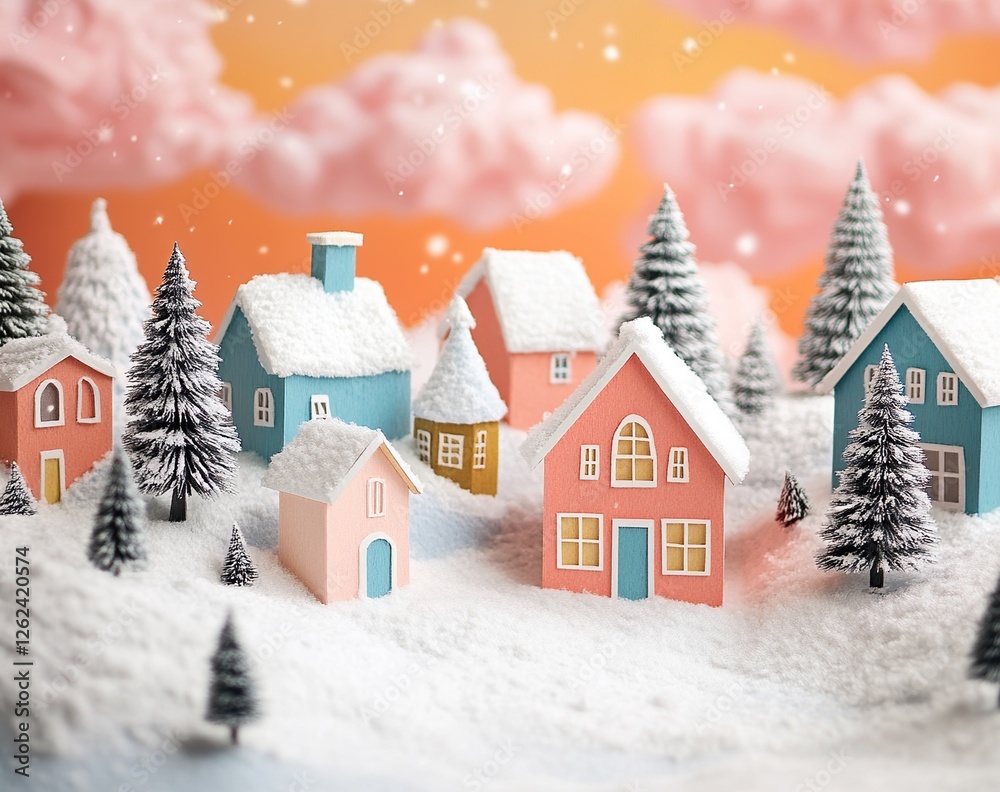 Fototapeta premium Winter Village Houses: Snowy Landscape Miniature, Christmas Holiday Scene with Pastel Colors, Festive Decor, Cute Tiny Homes