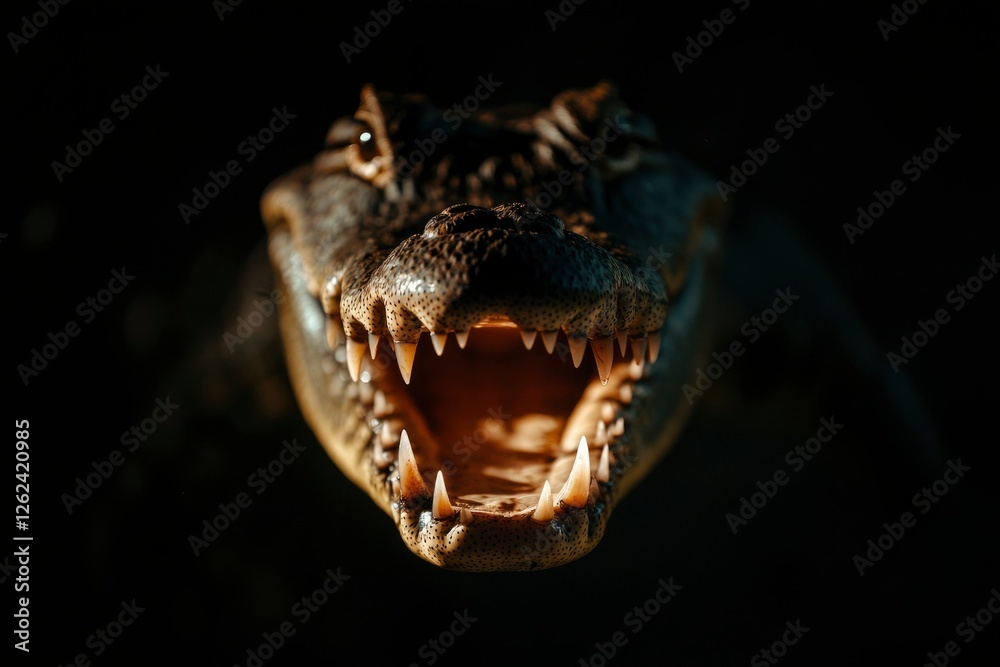 Alligator opens jaws wide in swamp, displaying teeth. Wildlife or conservation use Alligator opens jaws wide in swamp, displaying teeth. Wildlife or conservation use